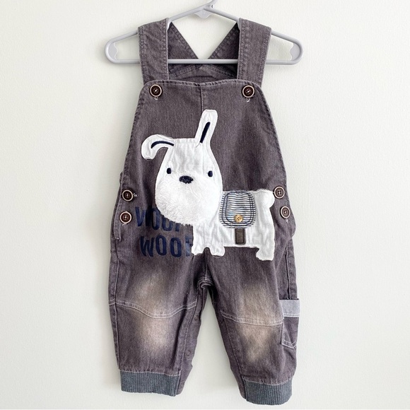 Grey Denim Overalls Dog Print - Picture 1 of 5